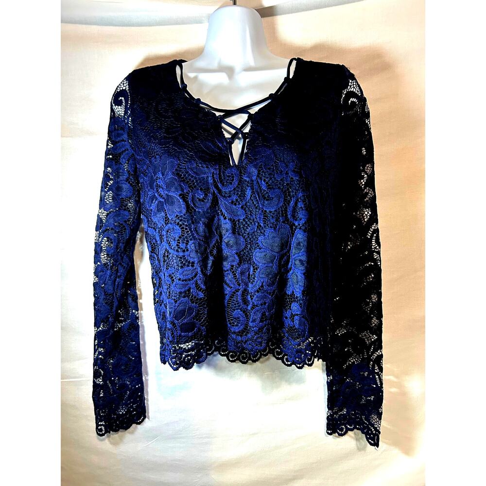 Blue Lace sexy long sleeve Top - size Med